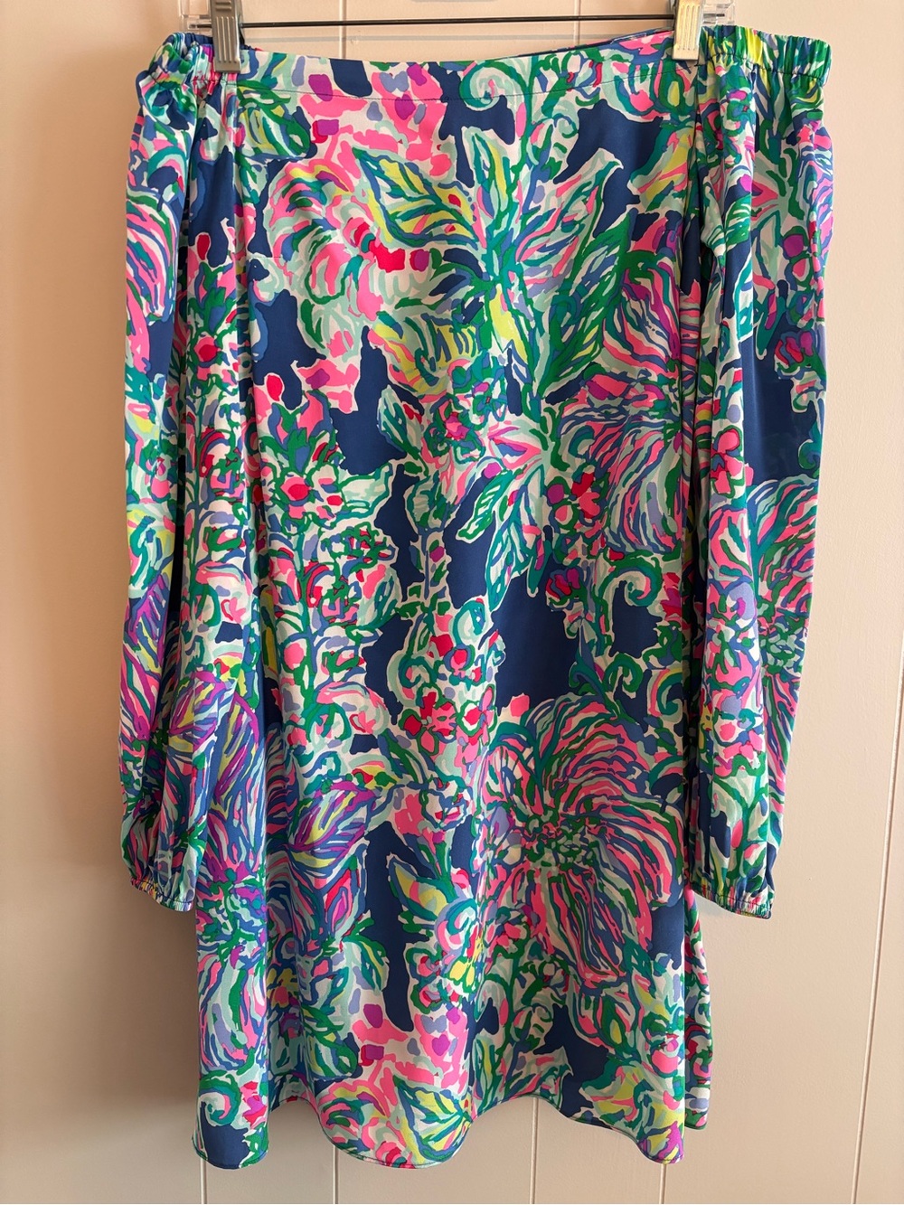 Lilly Pulitzer Navy, Pink, Green & Aqua Tropical Print off shoulder Dress